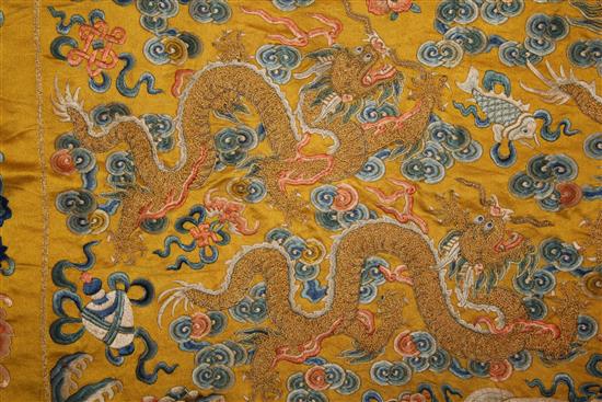 A Chinese Imperial yellow silk dragon throne seat cushion cover, Qing dynasty, 18th / 19th century, 90 x 126cm